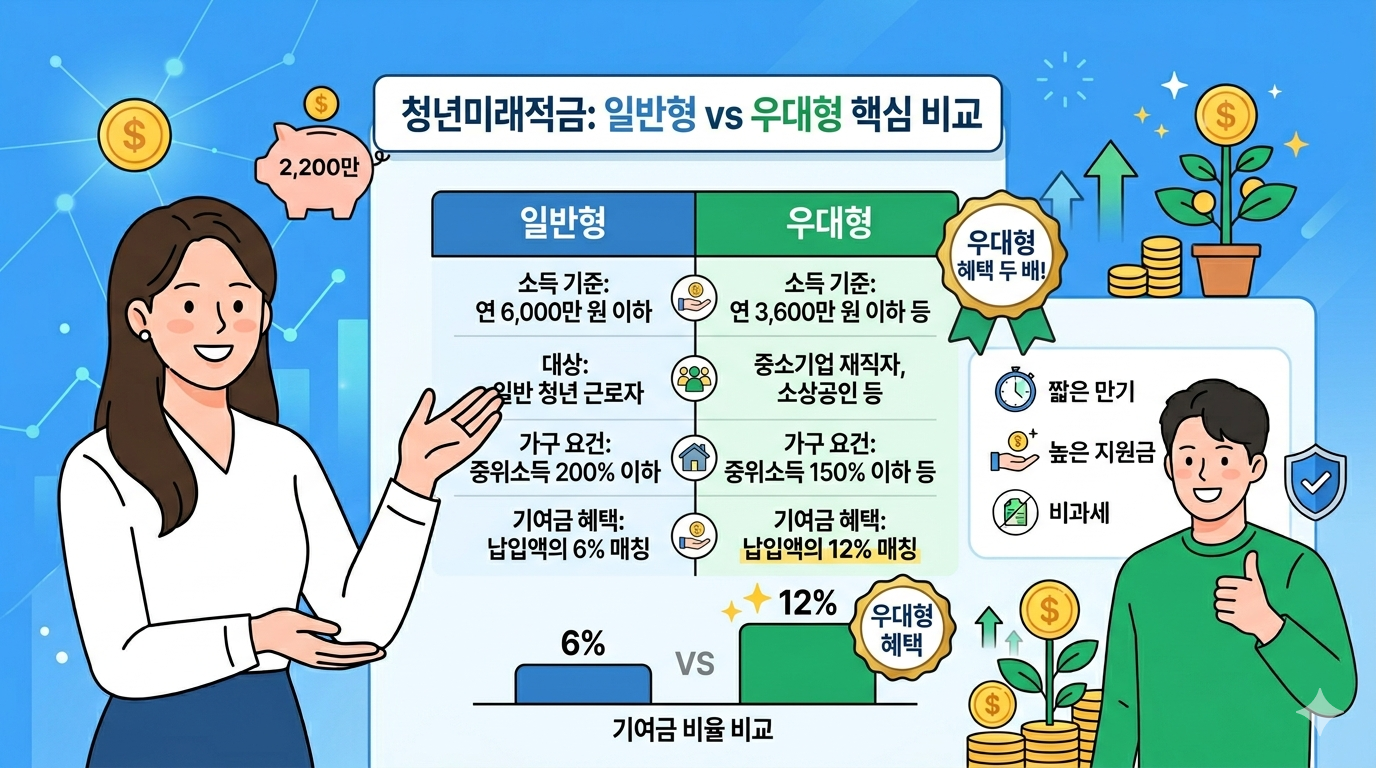 청년미래적금 일반형 우대형 가입 요건 및 정부 기여금 매칭 비율 비교