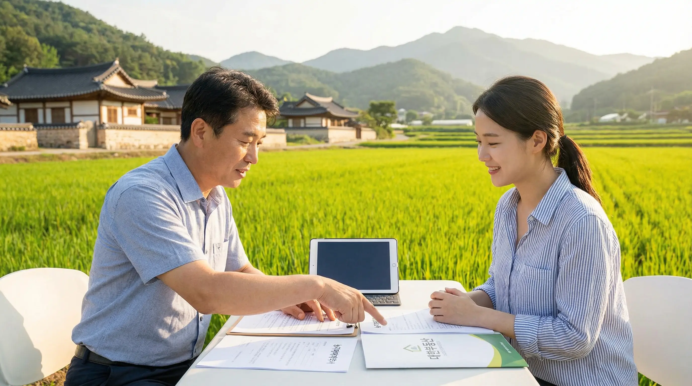 드넓은 농지 전경과 함께 한국인 공인중개사가 상속인에게 농지 매매 절차를 설명하며 서류를 보여주는 밝은 야외 장면