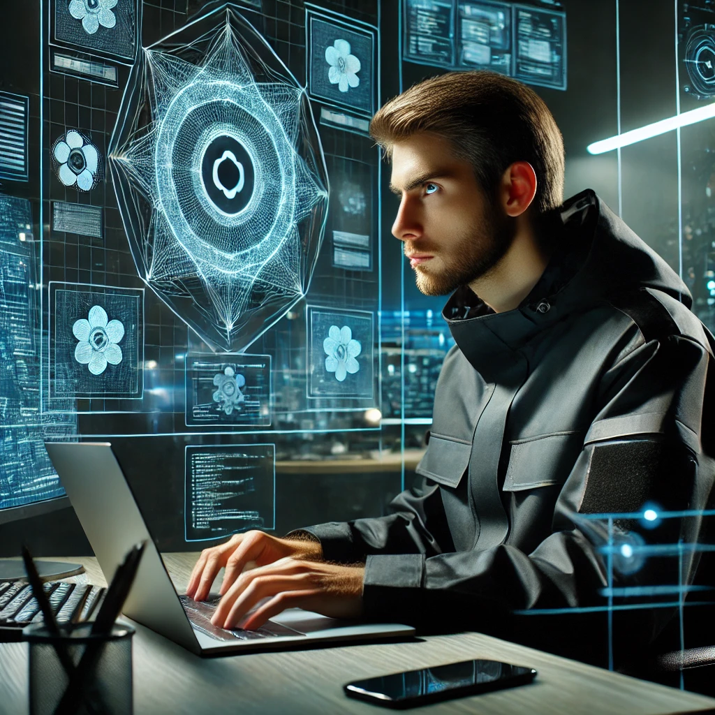 AI 기반 보안 시스템을 사용해 해킹 시도를 감시하는 최첨단 보안 연구소의 사이버보안 전문가.