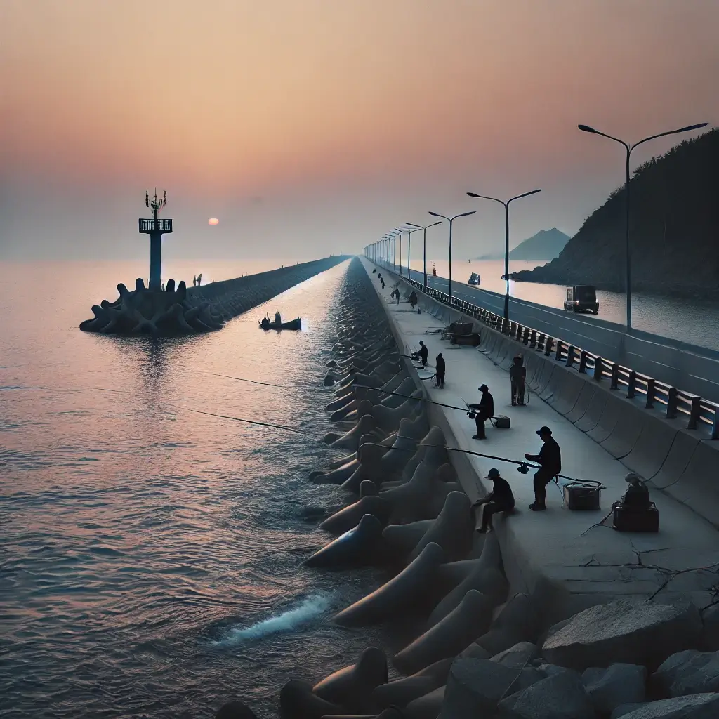 방파제에서 저녁 낚시를 즐기는 모습.