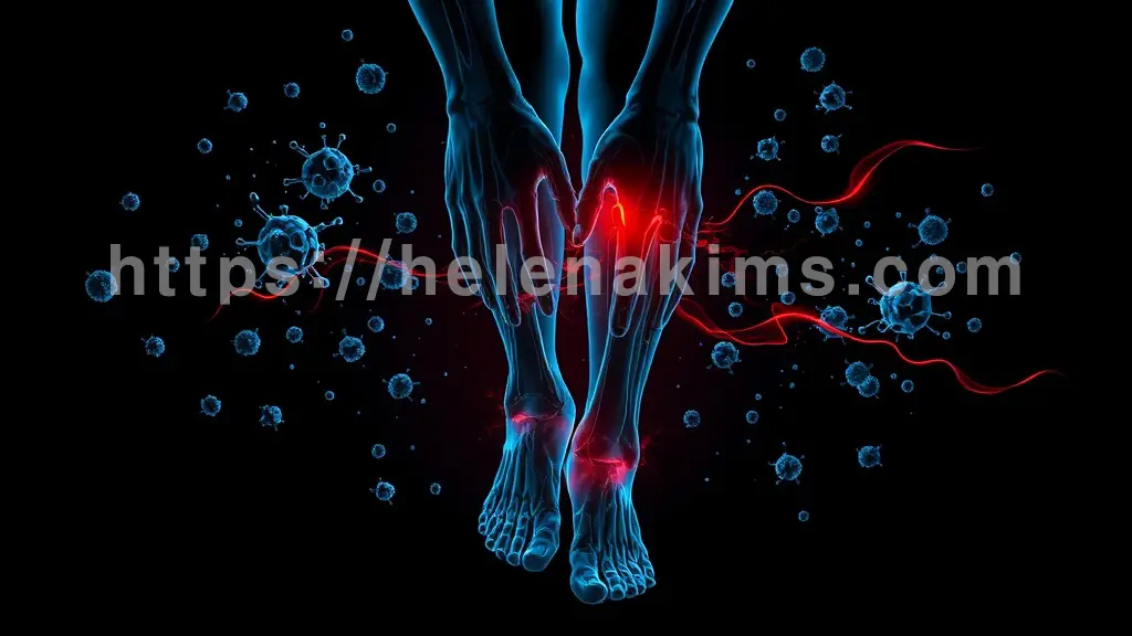 중앙에 정교하게 표현된 인체 관절, 주변으로 면역 세포를 연상시키는 푸른빛 입자들이 공격적으로 관절을 향해 침투하는 듯한 모습. 관절 부위에서는 파괴적인 붉은색 에너지 파동이 퍼져나가며 염증을 시각화한 모습.