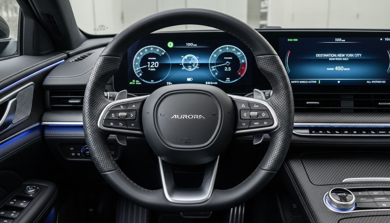 고급스러운 가죽 마감과 첨단 디지털 계기판이 돋보이는 대형 SUV의 실내 인테리어