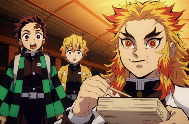 귀멸의 칼날 주인공들이 열차 안에서 모여서 도시락을 먹고있는 모습