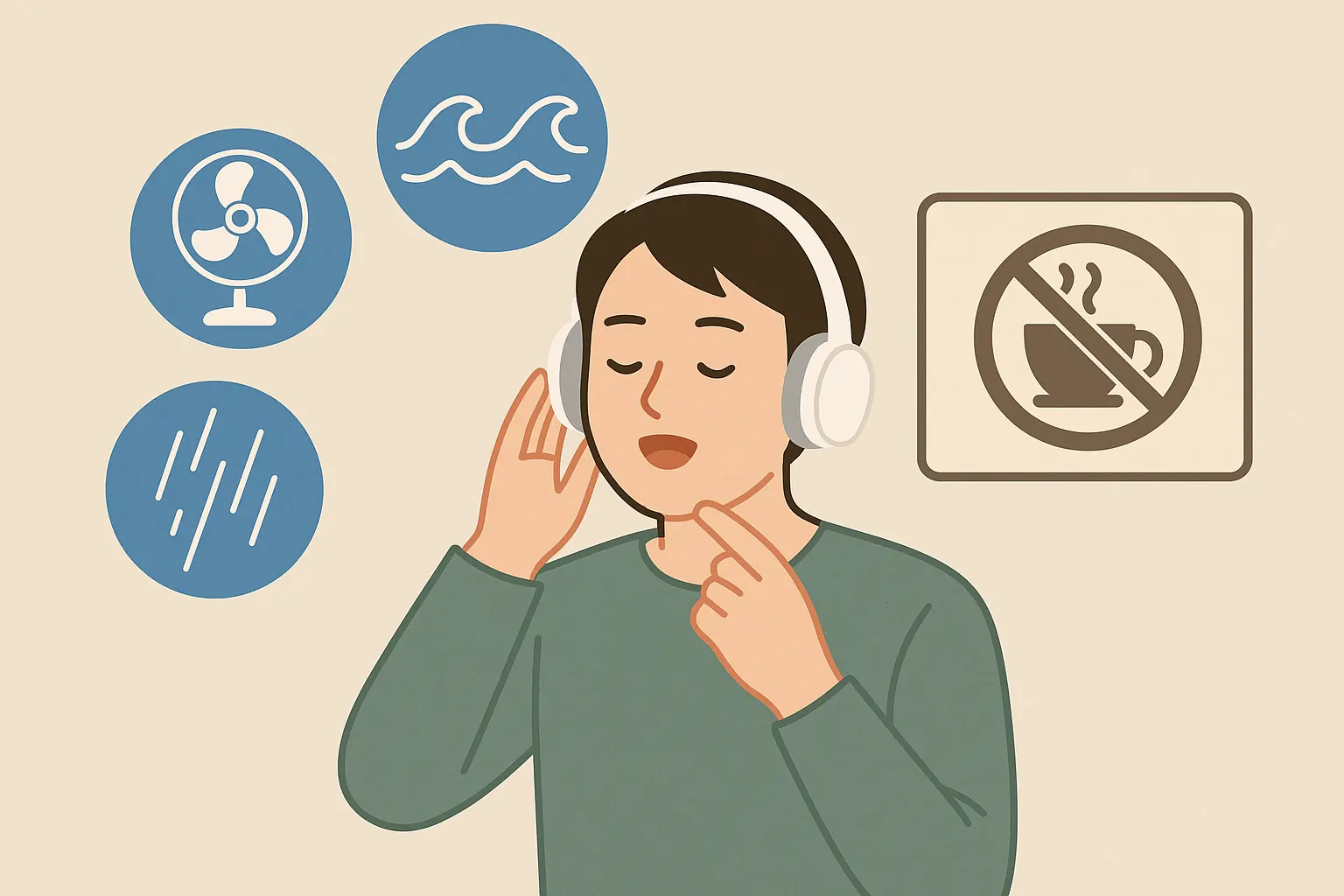 백색소음을 듣고 있는 사람(선풍기, 파도, 비 소리 아이콘 포함), 커피와 술을 피하는 식단