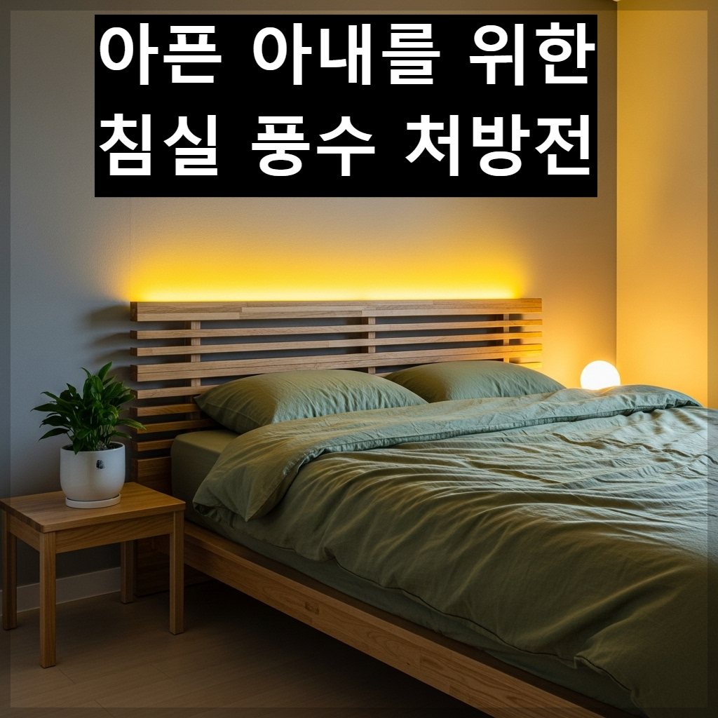한국식 아파트 안방에 원목 침대가 안정적인 벽면에 배치되어 있고 따뜻한 조명과 녹색 식물이 어우러져 건강운을 높이는 인테리어 모습