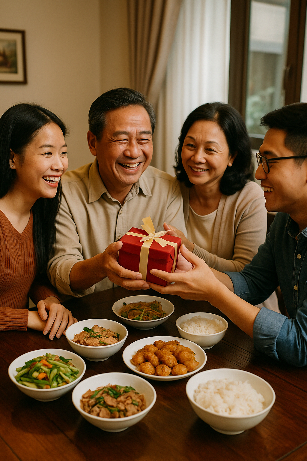 베트남 가족 식사 장면, 따뜻한 인간관계 중심 문화, 선물과 정을 나누는 베트남 사회 모습