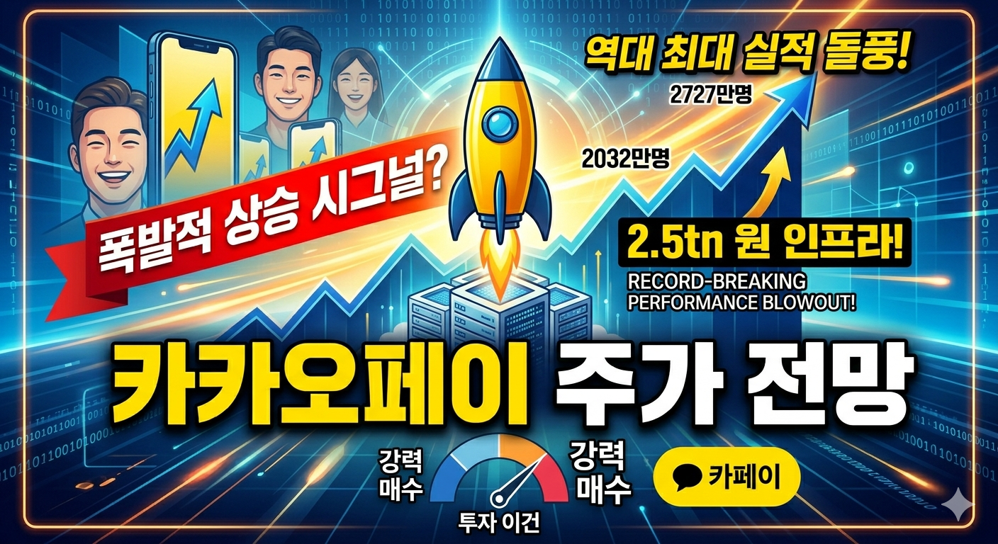 이 이미지는 카카오페이 주가 전망에 대한 분석을 담고 있는 역동적인 인포그래픽 썸네일입니다.
상단 중앙: 로켓 아이콘이 위쪽을 향해 솟아오르고 있으며, 그 뒤로 우상향하는 주가 그래프가 그려져 있습니다.
상단 왼쪽 (빨간색 리본): "폭발적 상승 시그널?"이라는 텍스트가 적혀 있으며, 스마트폰 화면 속 상승 그래프와 환하게 웃는 남녀의 모습이 함께 배치되어 있습니다.
상단 오른쪽: "역대 최대 실적 돌풍!"이라는 텍스트 아래 "2.5tn 원 인프라!"와 "RECORD-BREAKING PERFORMANCE BLOWOUT!"이라는 문구가 적혀 있으며, 그 뒤로 "2727만명", "2032만명"이라는 숫자가 표시되어 있습니다.
중앙: 데이터 서버와 AI 아이콘이 그려진 빌딩 블록 이미지와 "카카오페이 주가 전망"이라는 큰 제목이 노란색과 흰색 글씨로 강조되어 있습니다.
하단 중앙 (투자 의견): "강력 매수"를 나타내는 게이지와 화살표가 그려져 있으며, 그 아래 "투자 의견"이라는 텍스트가 있습니다. 오른쪽에는 카카오톡 말풍선 로고와 "카페이"라는 텍스트가 배치되어 있습니다.
전체적으로 파란색과 노란색을 주 색상으로 사용하여 카카오페이의 긍정적인 미래 전망과 강력한 성장 모멘텀을 강조하는 이미지를 구성하고 있습니다.