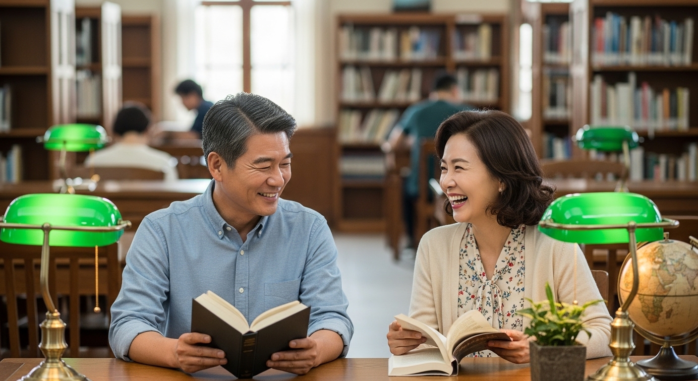 50대 은퇴하고 혼자 사는 솔로남이 동네 도서관에 다니다 우연히 알게 된 이성과 즐겁게 대화를 나누는 모습