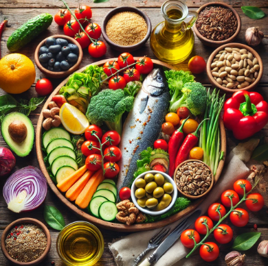 지중해 식단 사진, 생선, 올리브 오일