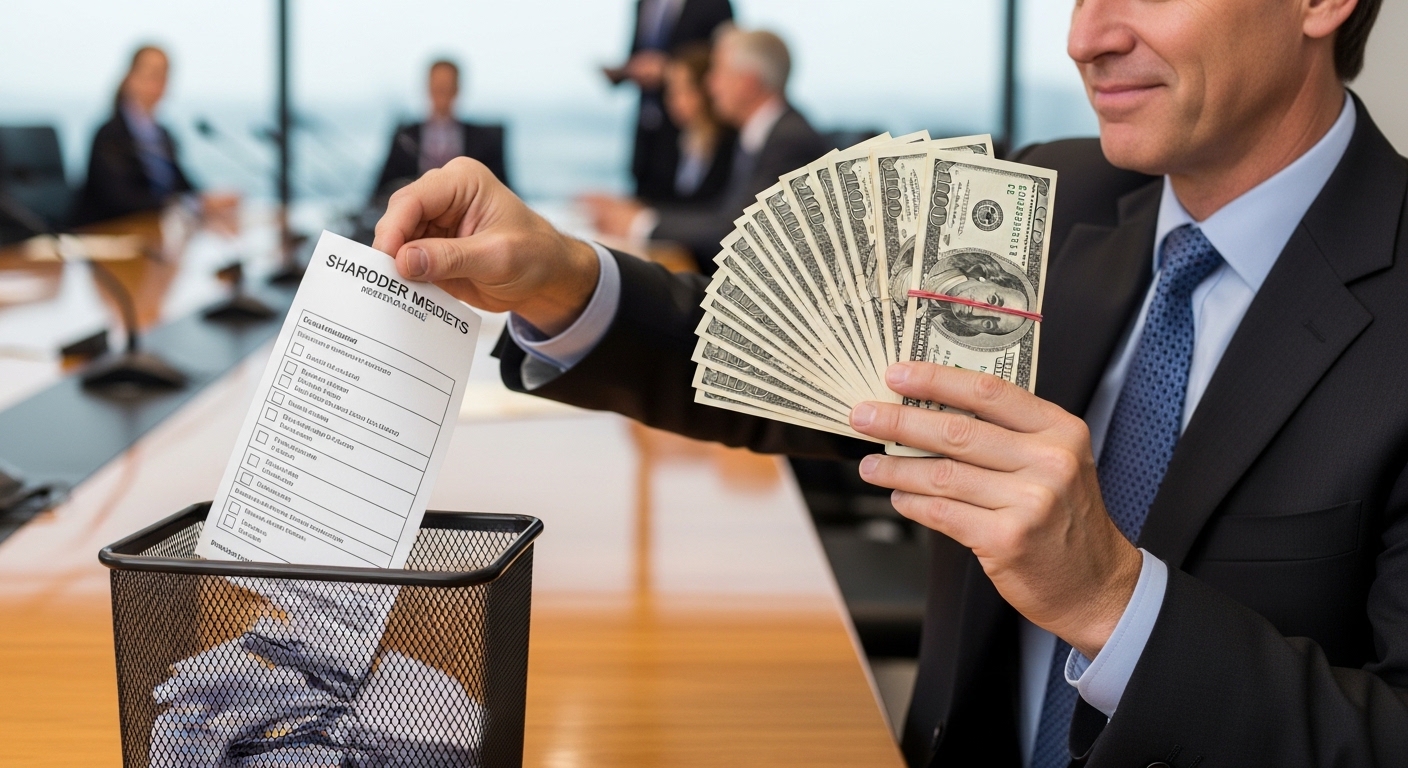 An investor holding a thick bundle of cash (dividends) while a shareholder meeting ballot goes into the trash bin.