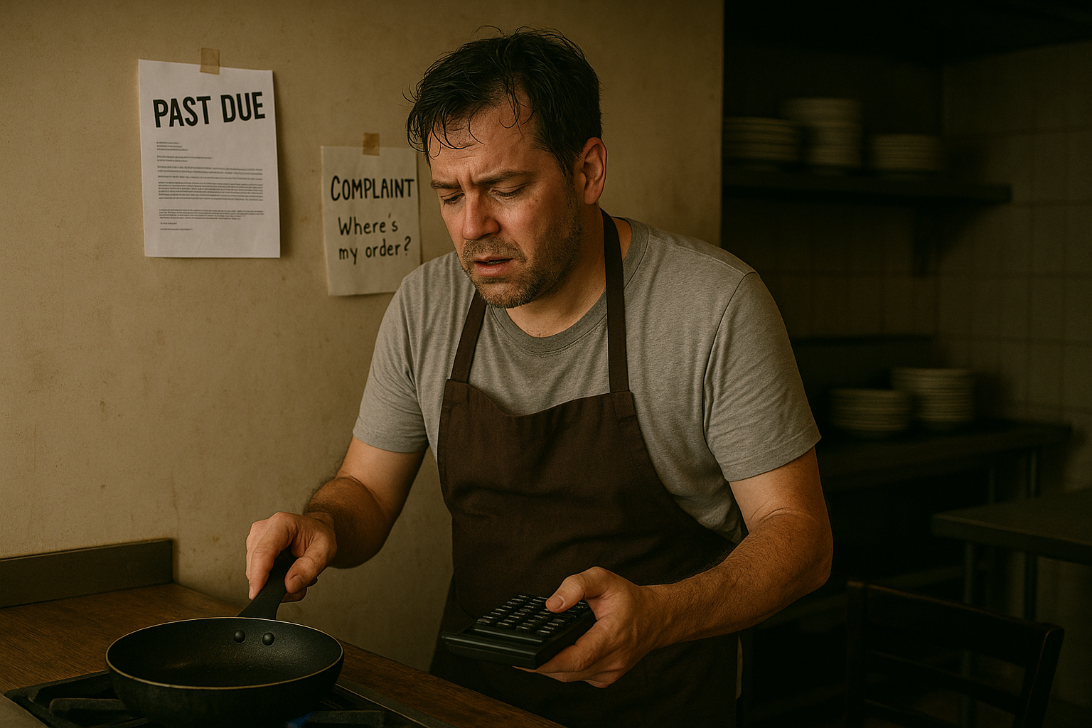 후라이팬을 들고있는 자영업자 ,한손에는 계산기