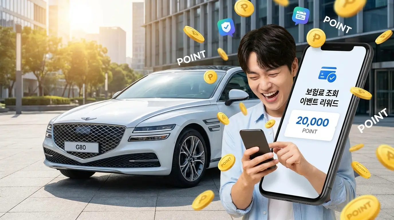 새 자동차 주변으로 쏟아지는 포인트와 스마트폰으로 보험료 조회 이벤트 리워드를 확인하는 모습