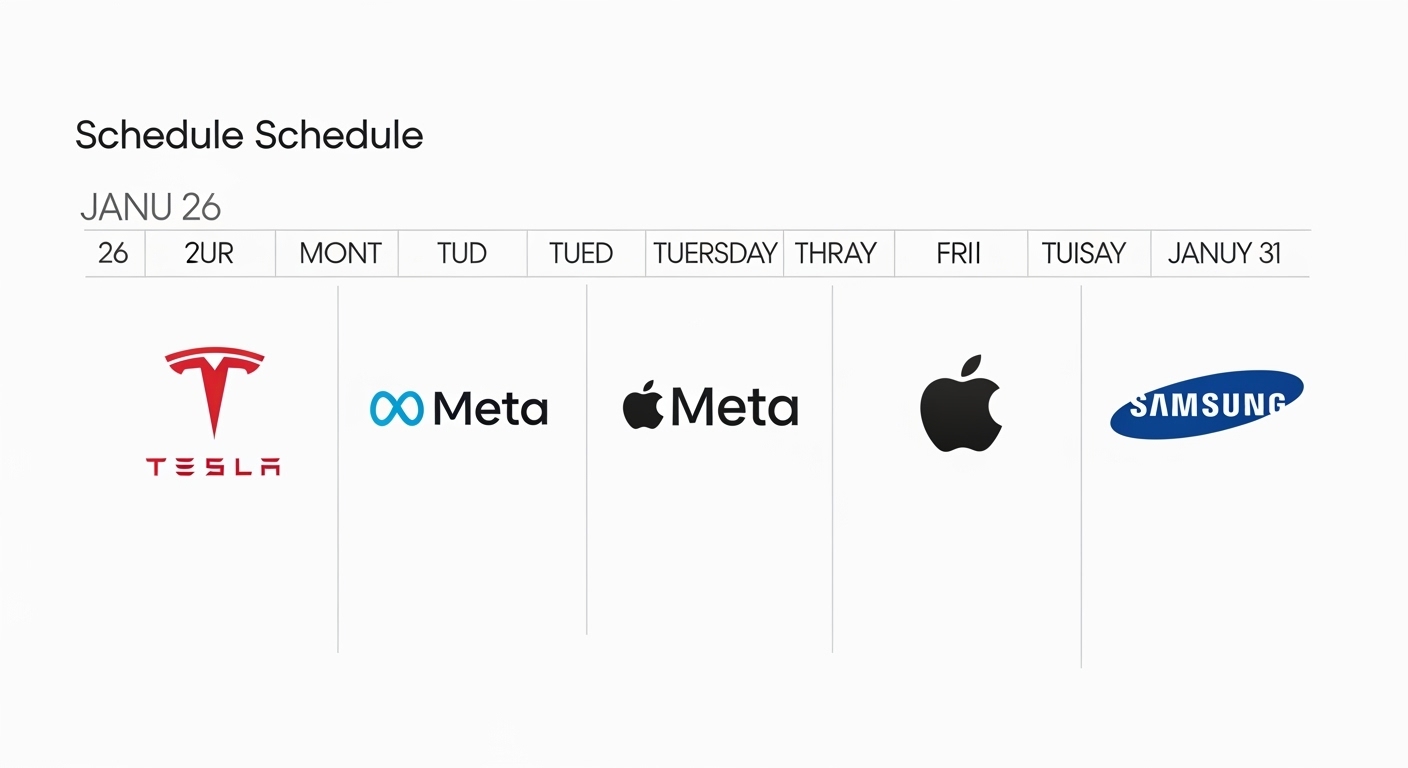 Clean schedule chart showing major company logos (Tesla, Meta, Apple, Samsung) by date on the weekly calendar from Jan 26-31, 2026.