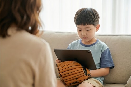 야구 글러브를 무릎에 올려놓고 고개 숙인 아들의 표정