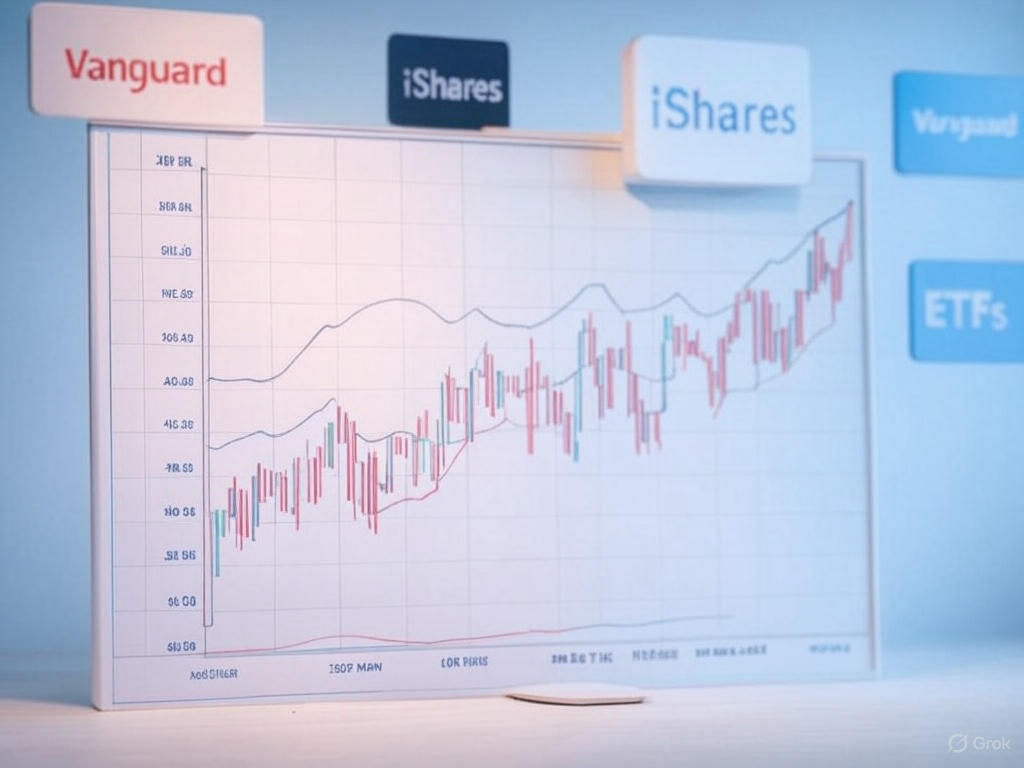 주식 차트와 ETF 로고(예: Vanguard, iShares)가 포함