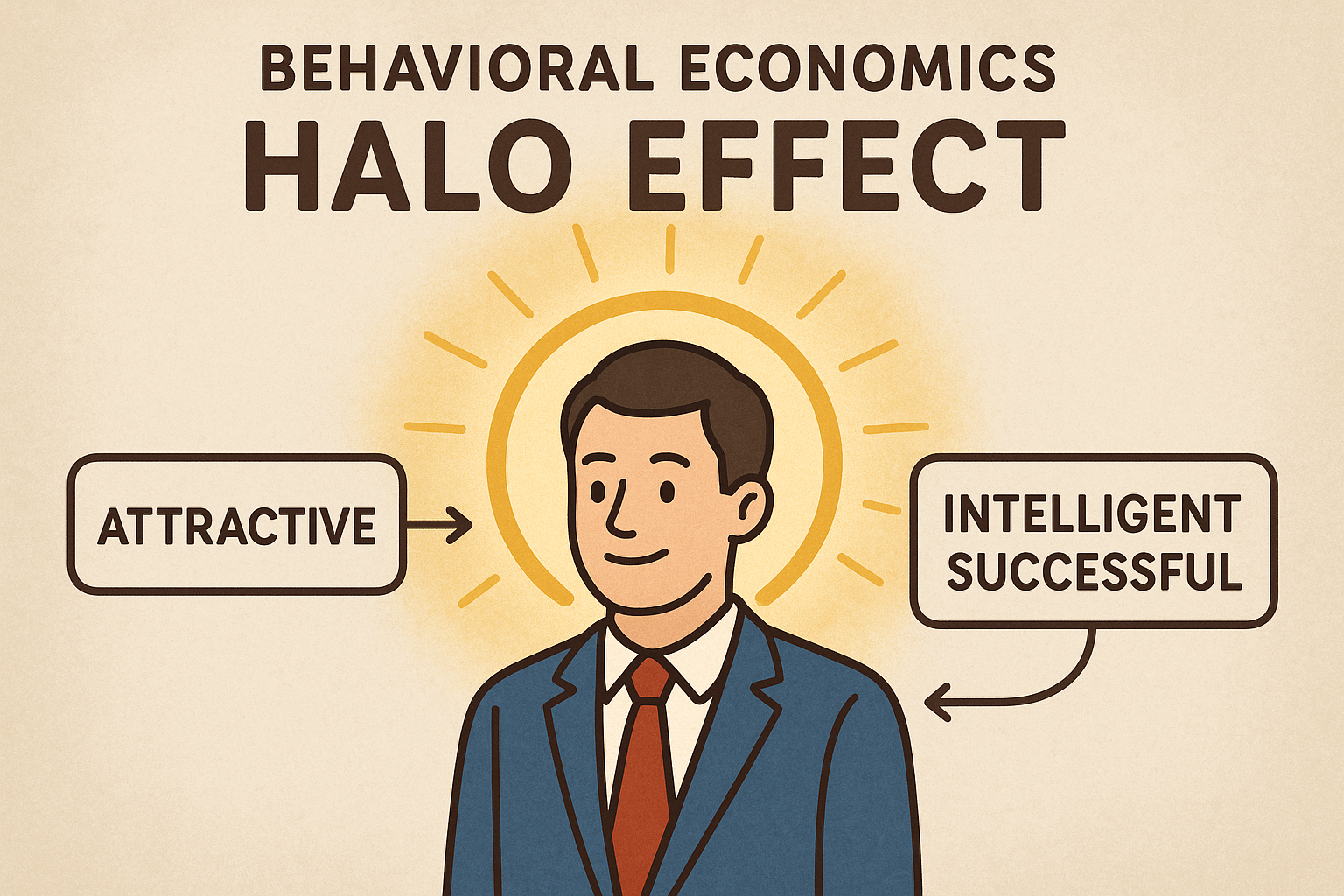 이 그림은 사람이 매력적이면 똑똑하고 성공적일 거라고 착각하는 후광효과를 보여줍니다.
좋은 한 가지 특징이 다른 것도 좋게 보이게 만든다는 뜻입니다.