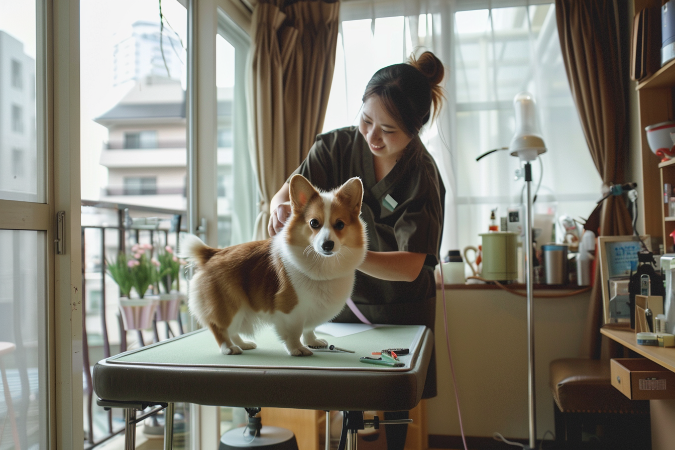 Owner grooming a Welsh Corgi