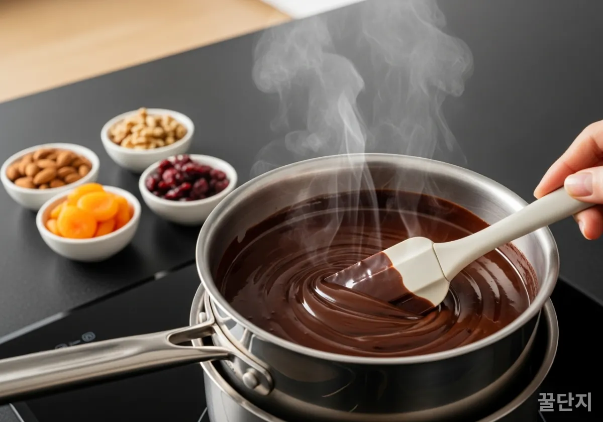 한국 주방에서 중탕으로 부드럽게 녹고 있는 다크 초콜릿과 주변에 준비된 견과류 토핑 재료들
