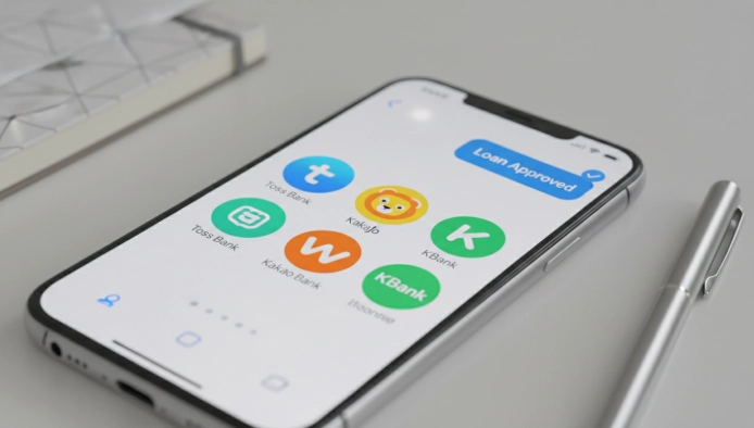 스마트폰 화면에 보이는 토스, 카카오뱅크 등 모바일 은행 앱 아이콘과 대출 승인 알림