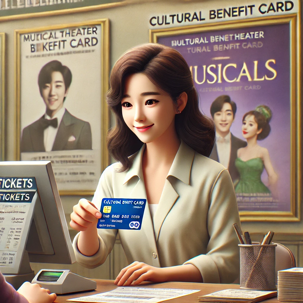 뮤지컬 티켓 매표소에서 문화누리카드를 건네는 한국 여성 직원. 뒤에는 공연 포스터들이 걸려 있음.