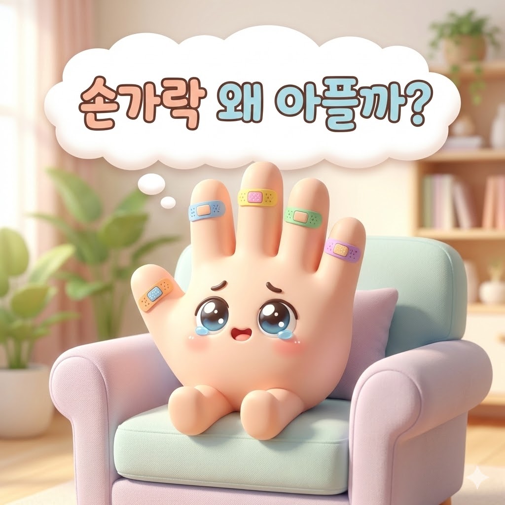 반창고를 붙인 귀여운 3D 카툰 손 캐릭터가 손가락 마디 통증으로 고민하는 모습과 '손가락 왜 아플까?'라는 문구가 있는 이미지.