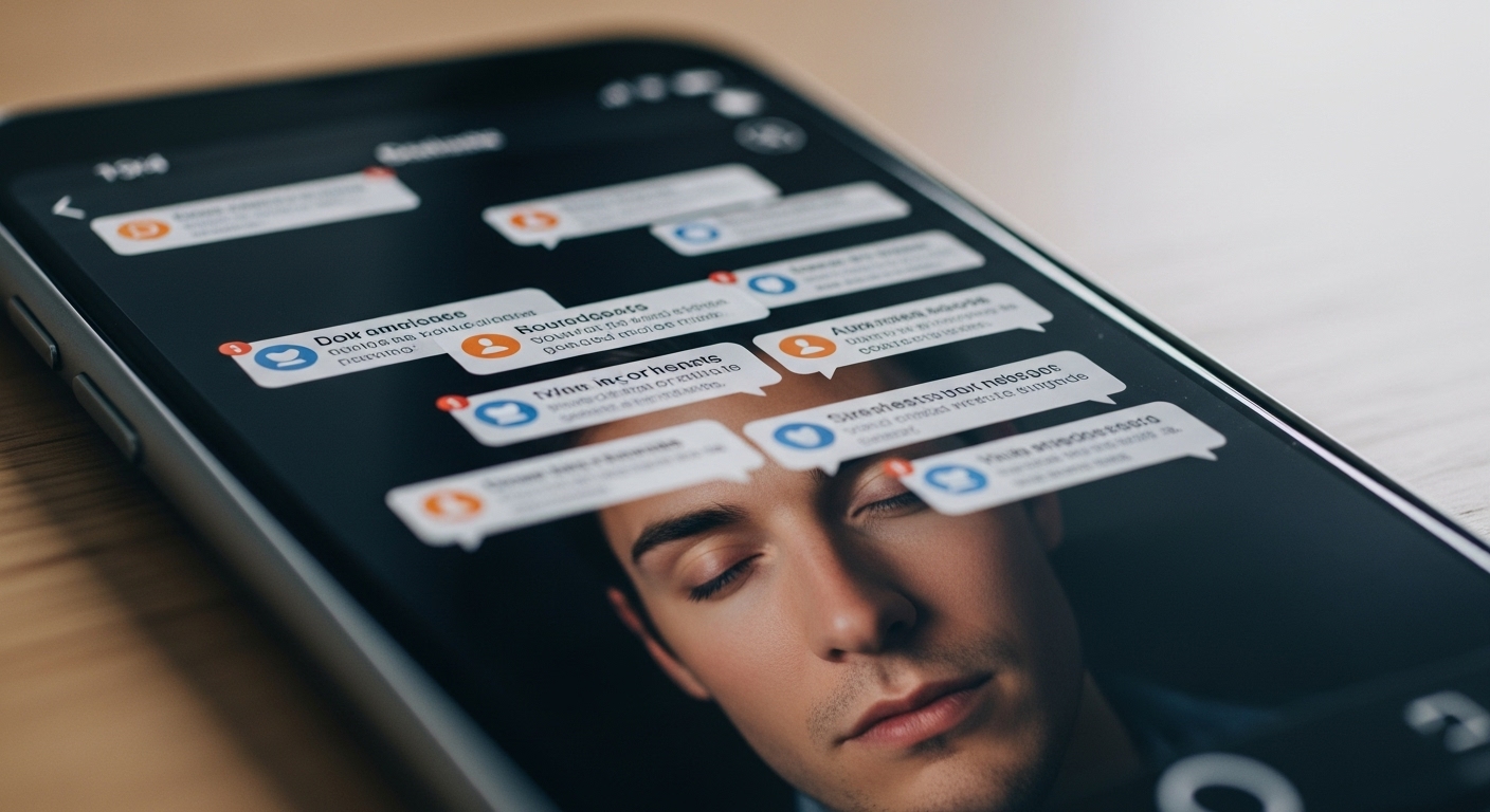 수많은 알림이 떠 있는 스마트폰 화면에 비친 지친 사람의 얼굴, 디지털 번아웃을 상징하는 이미지.