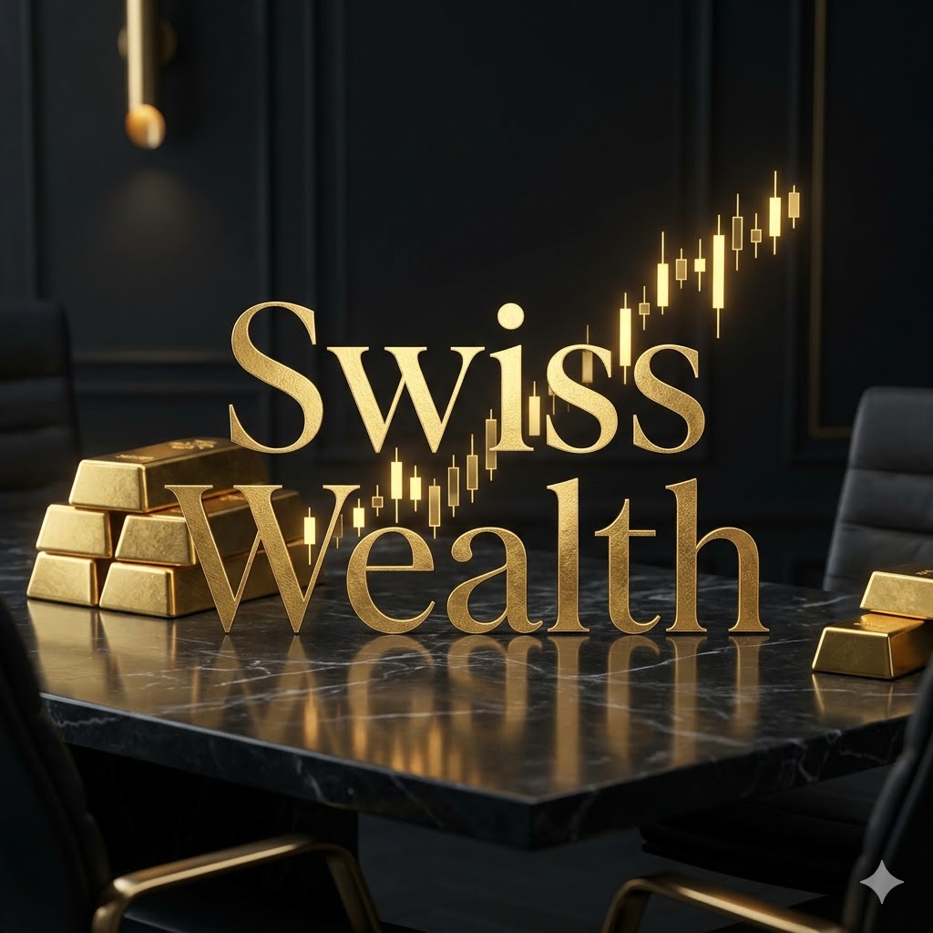 금괴와 주식 차트가 어우러진 스위스 자산관리(Swiss Wealth) 전용 고품격 금박 브랜딩 이미지.