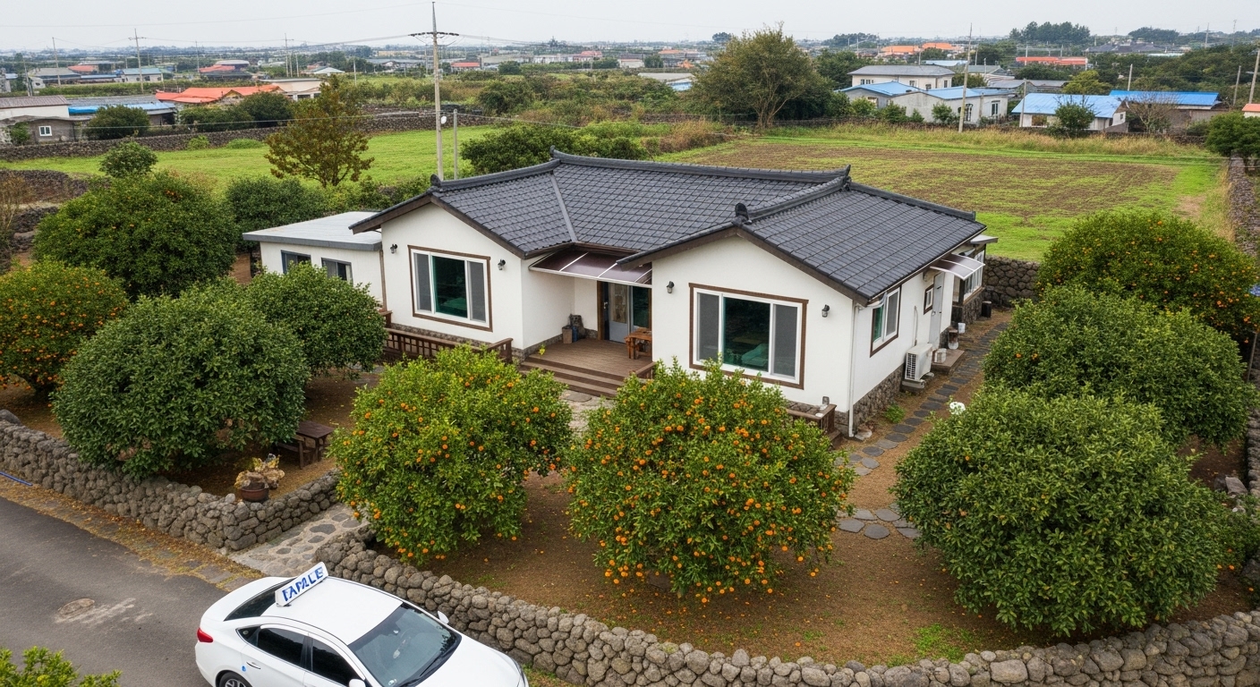 제주도 감귤밭과 푸른 정원으로 둘러싸인 아늑한 농가주택의 항공 사진. 한 달 살기 숙소의 평화로운 분위기.