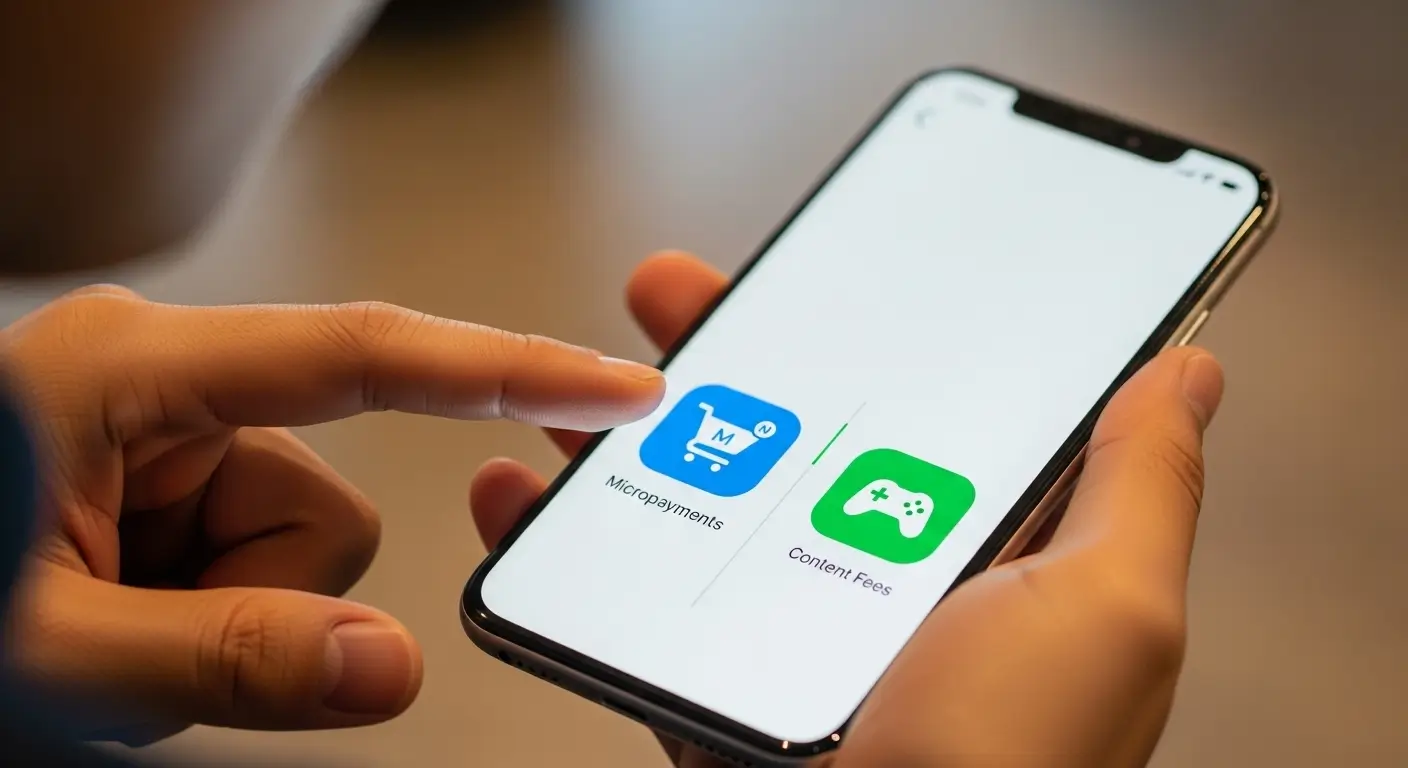 스마트폰 화면에서 소액결제 쇼핑카트 아이콘과 콘텐츠 이용료 게임 컨트롤러 아이콘을 비교하며 차이점을 확인하는 모습