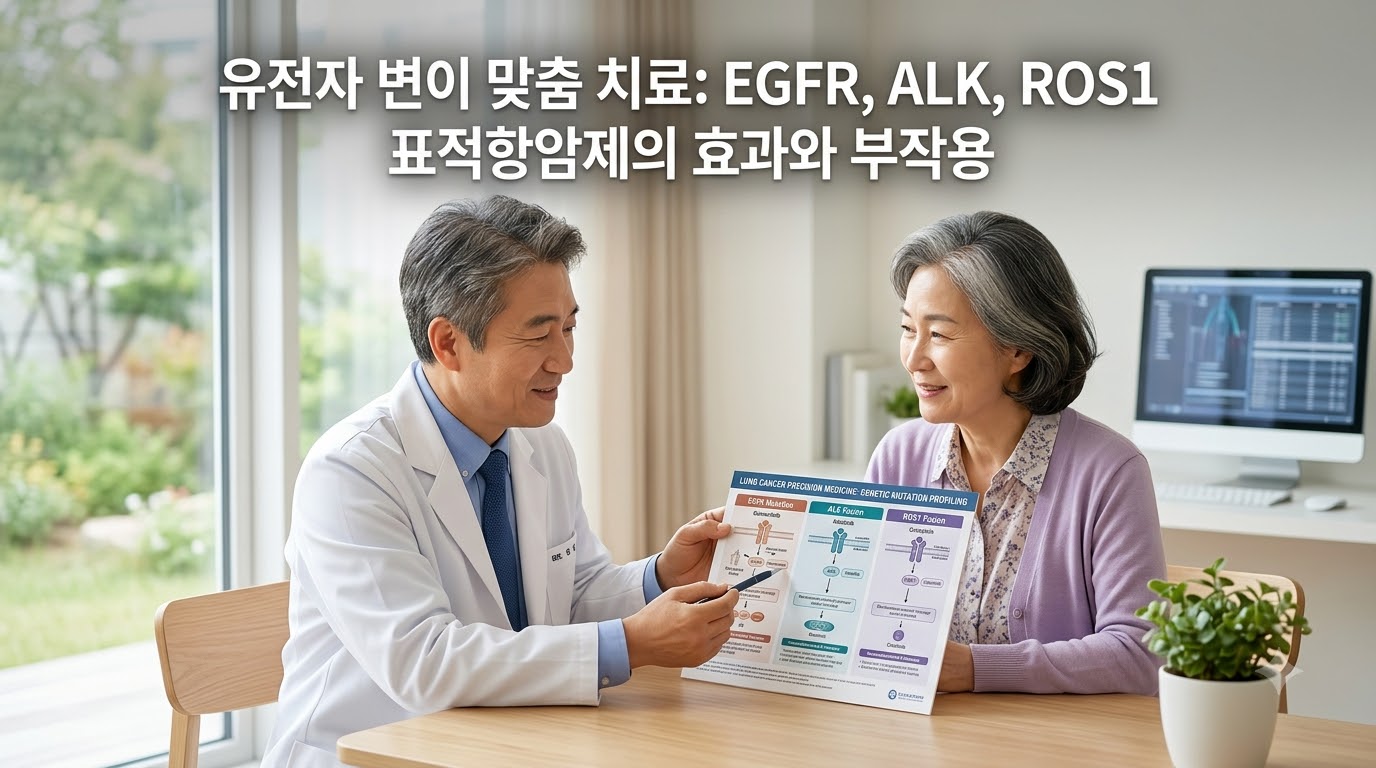 첨단 정밀 의료 진료 환경이 갖춰진 밝고 신뢰감 주는 진료실에서 종양내과 전문의와 환자가 밝은 표정으로 EGFR, ALK, ROS1 등 유전자 변이 맞춤 표적항암제의 효과와 부작용 안내 차트를 함께 보며 차분하게 상의하고 있는 모습. '유전자 변이 맞춤 치료: EGFR, ALK, ROS1 표적항암제의 효과와 부작용'이라는 문구가 적혀 있어, 유전자 맞춤형 폐암 표적 치료의 혁신과 중요성을 시각화함.