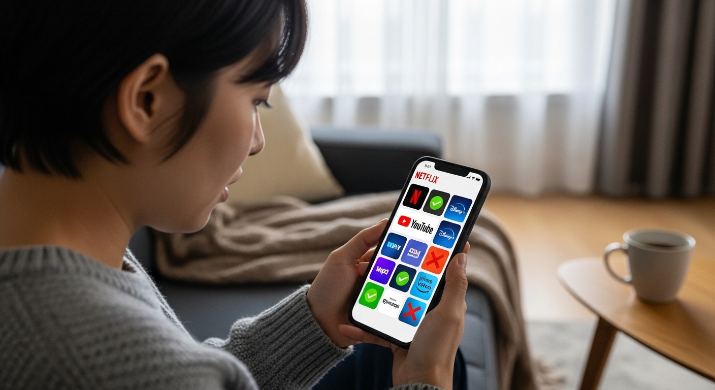 스마트폰으로 구독 서비스를 확인하며 불필요한 지출을 정리하는 30대 초반 한국인, 구독 경제 관리의 중요성을 나타냅니다.