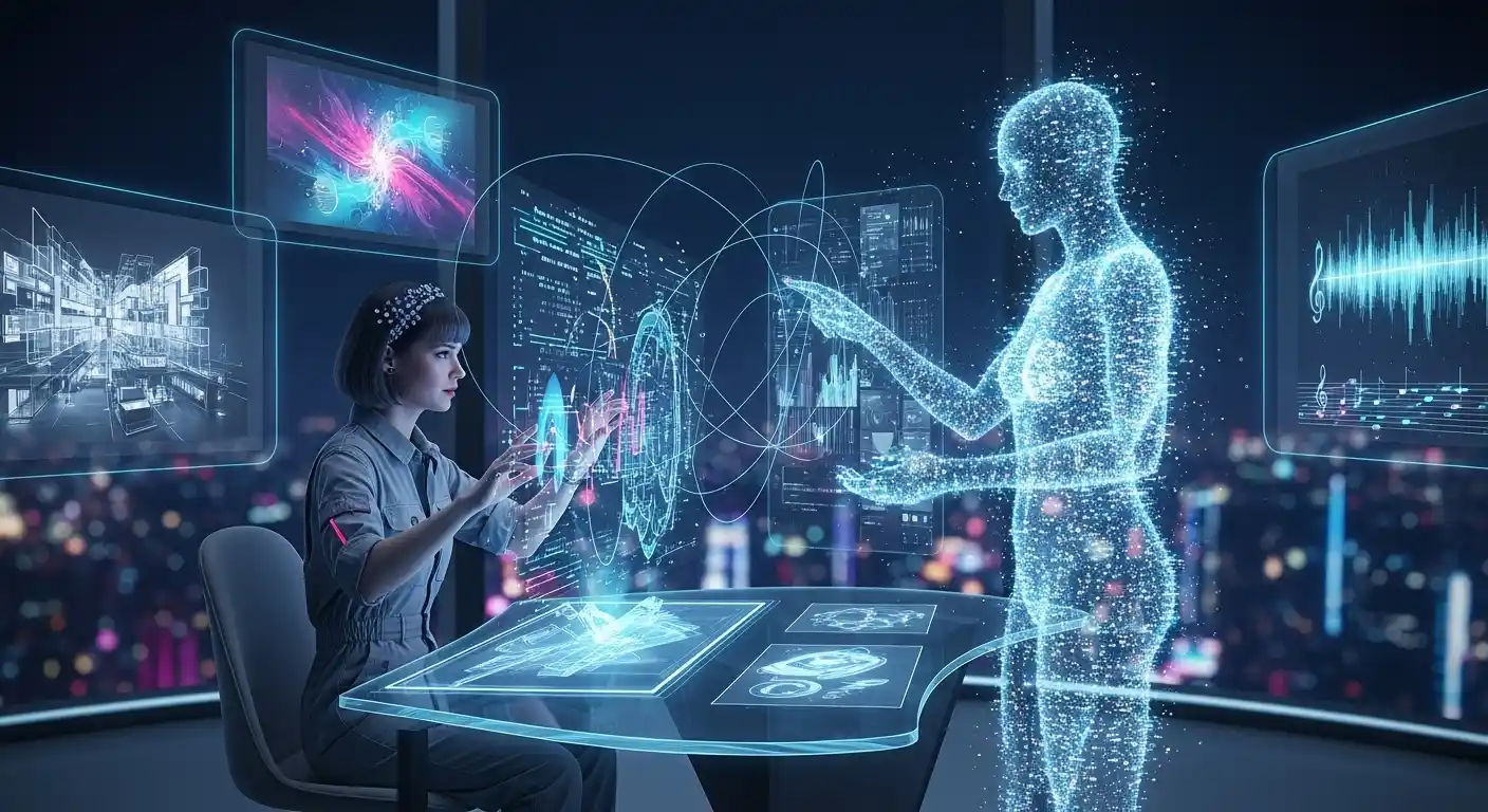 <img src="generative_ai_collaboration.webp" alt="생성형 AI의 작동 원리와 창작 알고리즘을 통해 인간과 협업하는 창의적 콘텐츠 생성 과정을 보여주는 이미지 입니다">