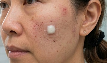 한국인 여성의 얼굴에 흑자 레이저 시술 후 작은 재생 테이프를 붙인 모습. 3일 차가 되어 하얗게 부풀어 오른 상태의 실제 관리 이미지