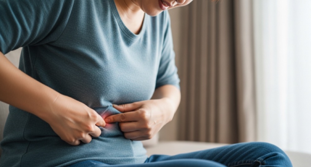 배꼽 주변 눌러 확인