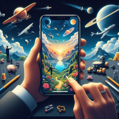 우주와 자연 배경 속에서 스마트폰을 통해 세계를 탐험하는 손의 모습