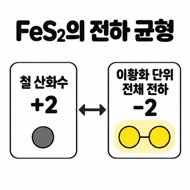 황철석 FeS2의 철 산화수 +2와 이황화 단위 전체 전하 -2가 균형을 이루는 도식