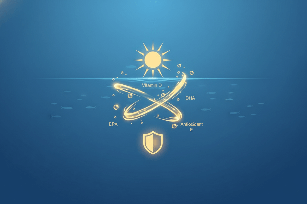 오메가3 핵심 성분 이미지(EPA, DHA)와 비타민D, 항산화 비타민E를 표현한 그래픽
