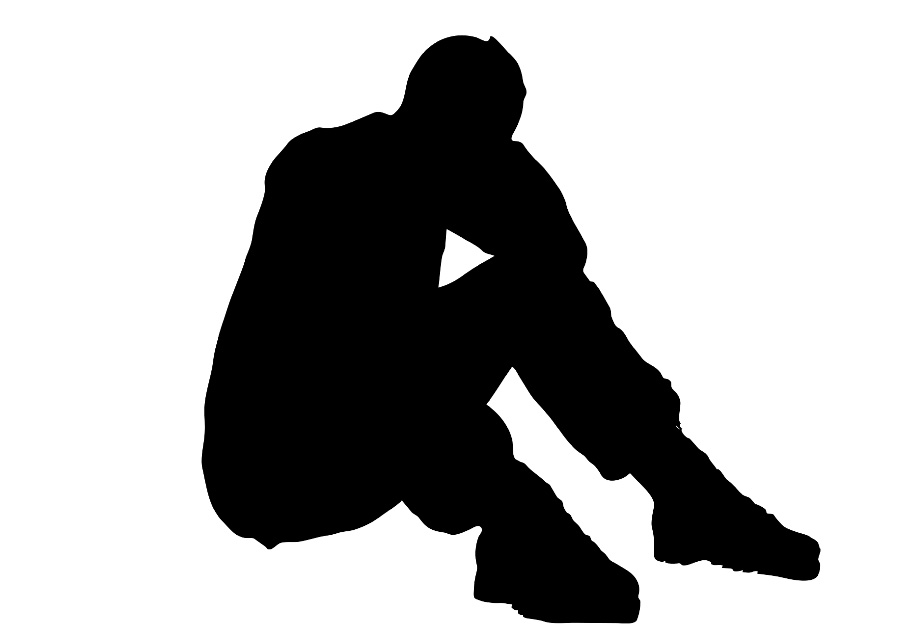 한 남성이 무릎을 세우고 바닥에 앉아서 양쪽 팔꿈치를 ㅁ릎에 대고 양쪽 손은 머리를 감싸고 있는 것을 하얀 바탕에 검게 표현하여 괴로워 하고 있는 것을 이미지화 한 사진