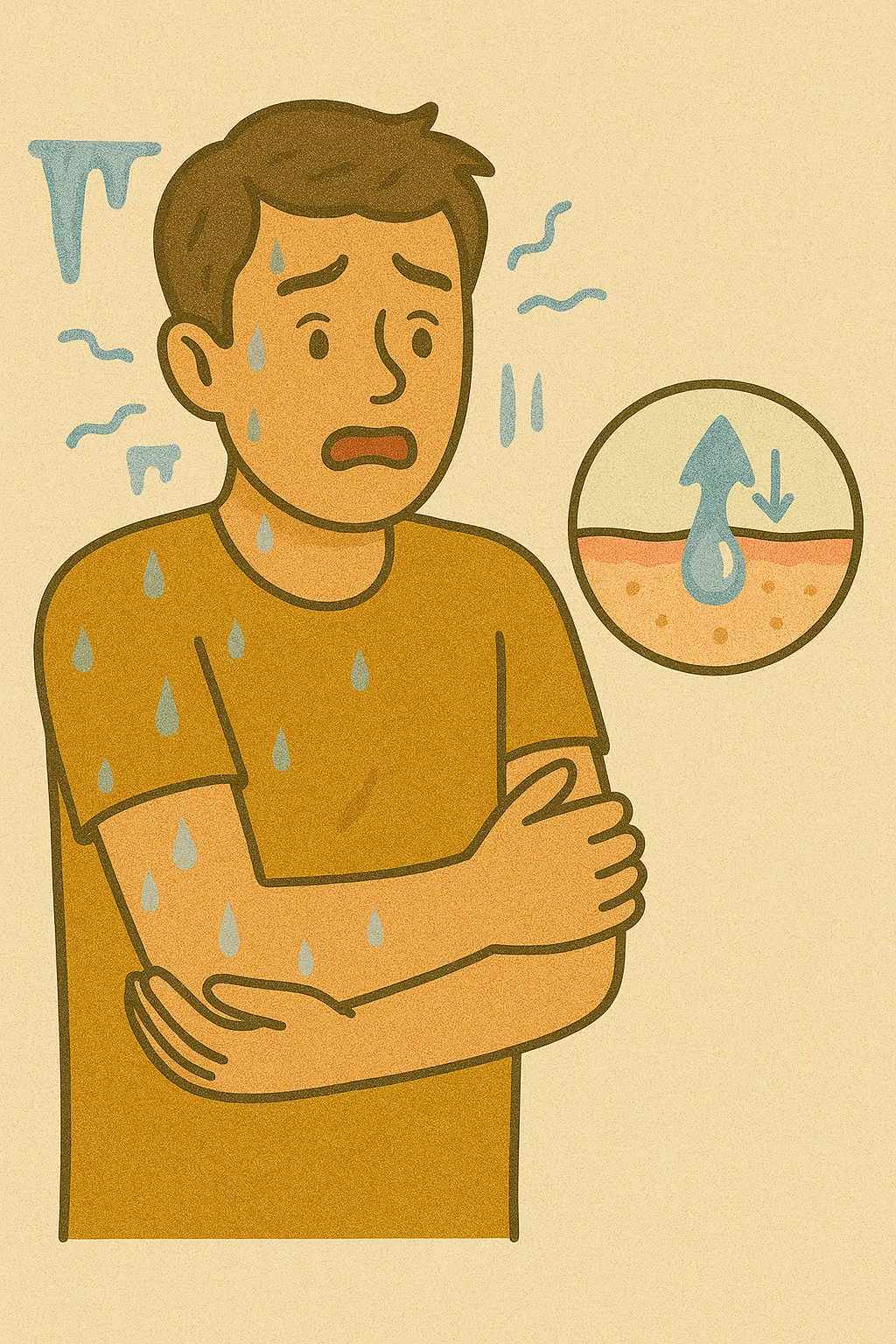 땀이-식으면-몸이-차가워지는-이유를-표현한-일러스트로,-남성이-땀을-흘리며-몸을-감싸고-떨고-있고,-피부에서-증발하는-땀이-체온을-낮추는-모습이-시각적으로-표현됨.