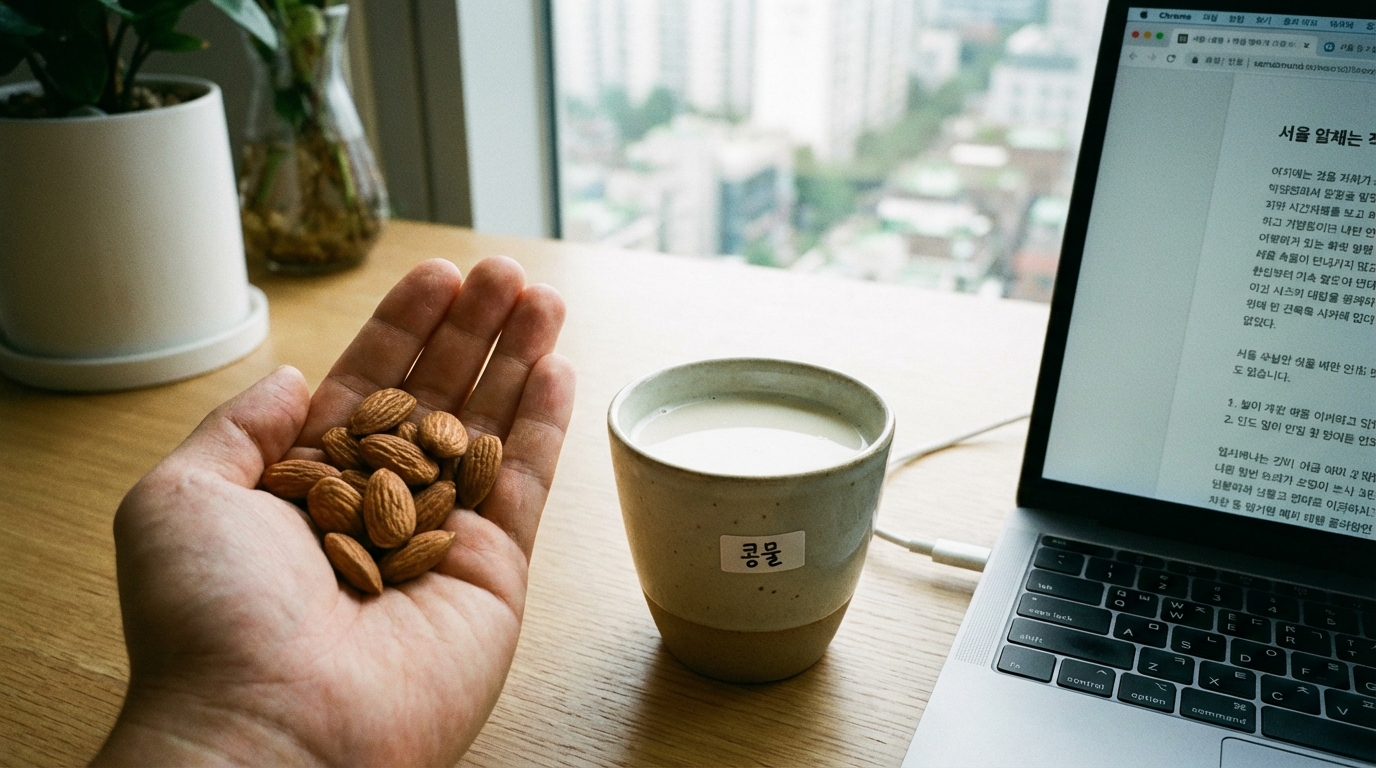 사무실 책상 위에 놓인 한 줌의 견과류와 무가당 두유 간식