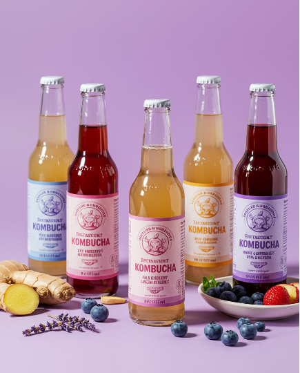 다양한 병에 들어있는 콤부차