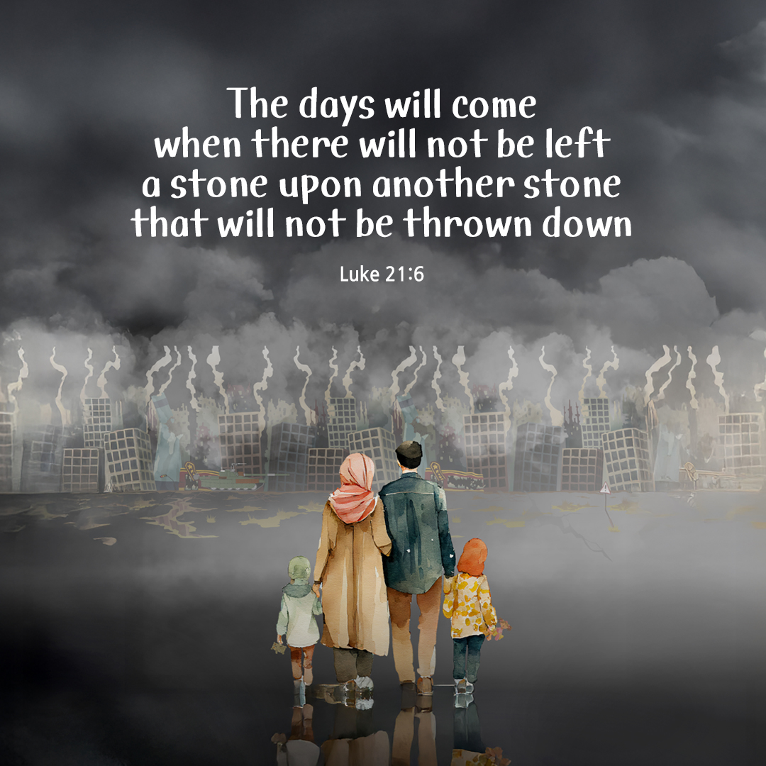 The days will come when there will not be left a stone upon another stone that will not be thrown down. (Luke 21:6) by pieonane Daily Bible quote image