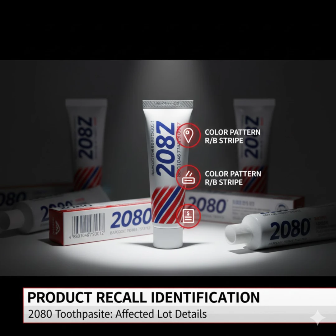 2080치약 제품 여러 개가 놓여 있고, 그중 리콜 대상 제품에 스포트라이트가 비치면서 해당 제품의 포장, 바코드, 용기 등에 있는 식별 가능한 특징(예: 특정 색상, 로고 위치, 바코드 넘버 등)이 강조되도록 디자인합니다. 아이콘 형태로 강조 표시해도 좋습니다.