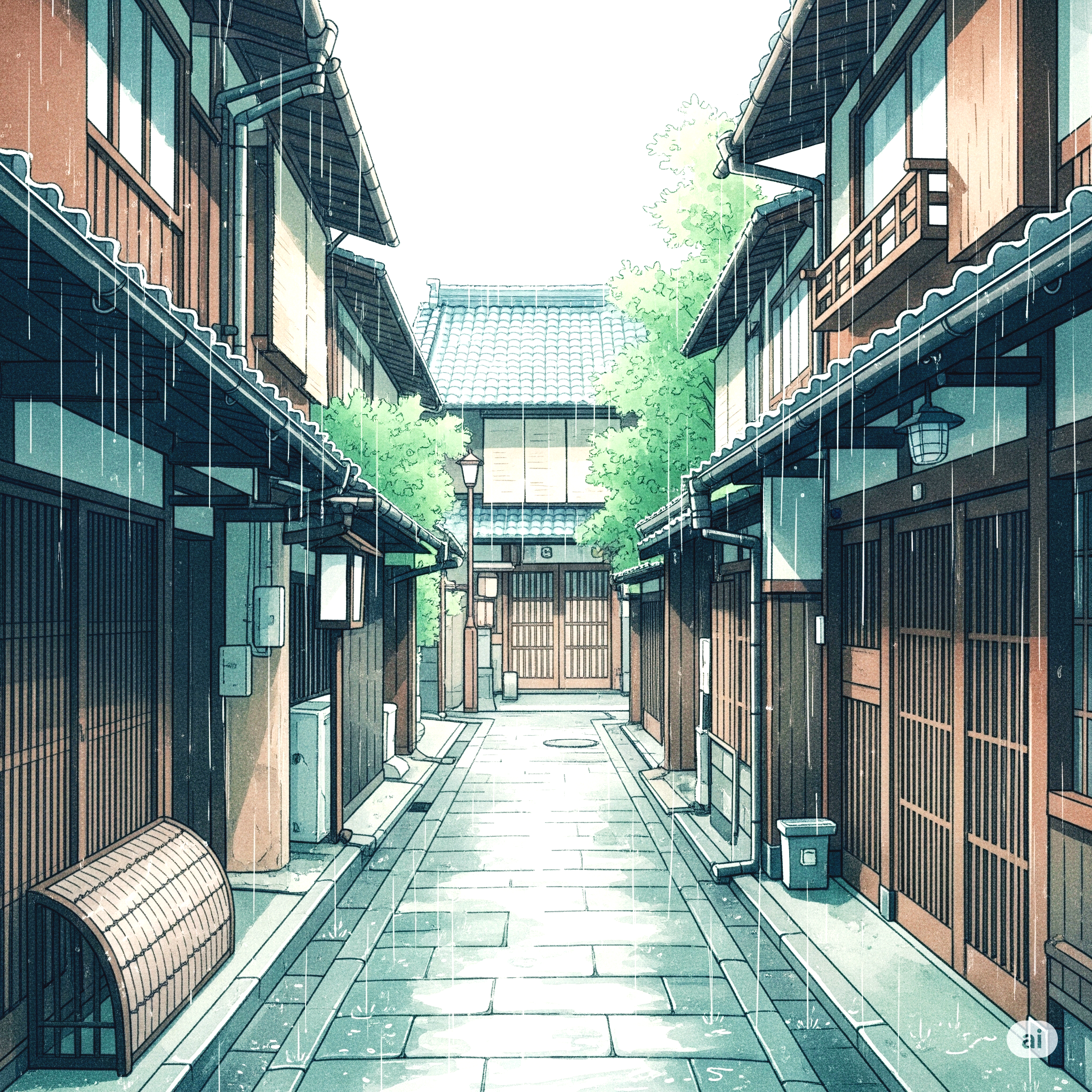 골목길에 내리는 비