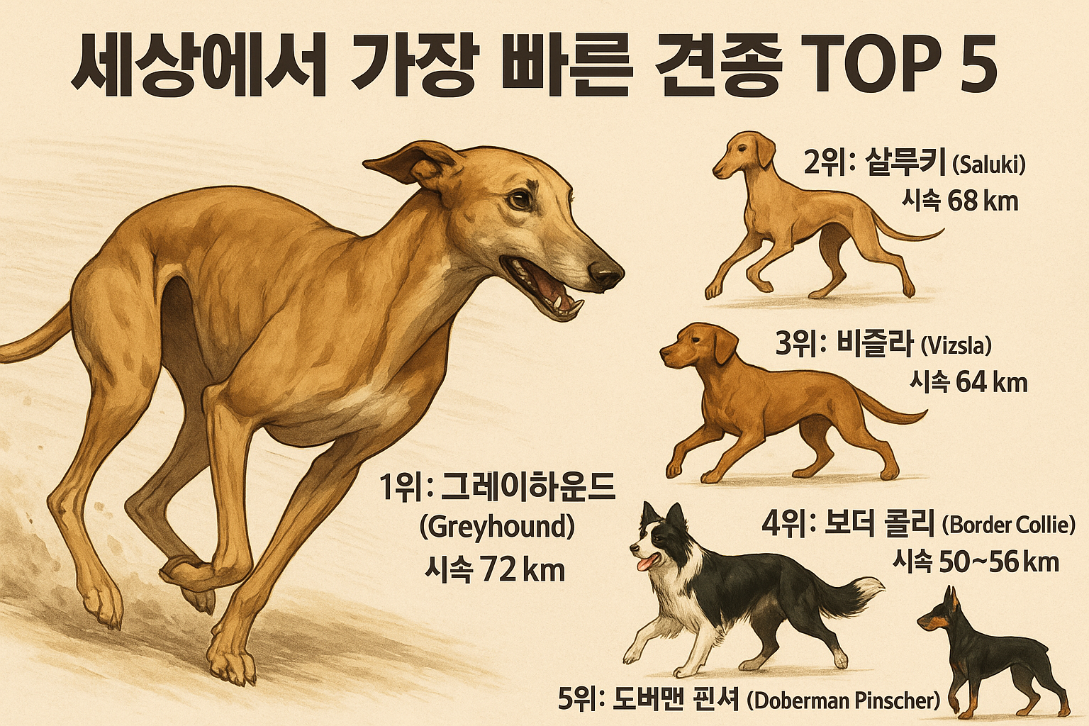 세상에서 가장 빠른 견종 5마리를 나타내고 있으며 그레이하운드가 왼쪽에 크게 부각되어 있고 오른쪽에 나머지 4마리(살루키, 비즐라, 보더 콜리, 도버맨 핀셔)의 견종이 배치되어 있다.