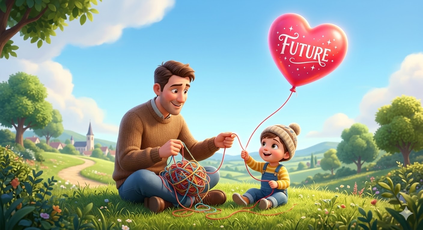 복잡하게 얽힌 실타래를 아빠가 깔끔하게 풀어내어 아이의 손에 쥐여주고, 그 실이 하늘로 높이 날아가는 풍선의 줄이 되는 희망찬 3D 일러스트