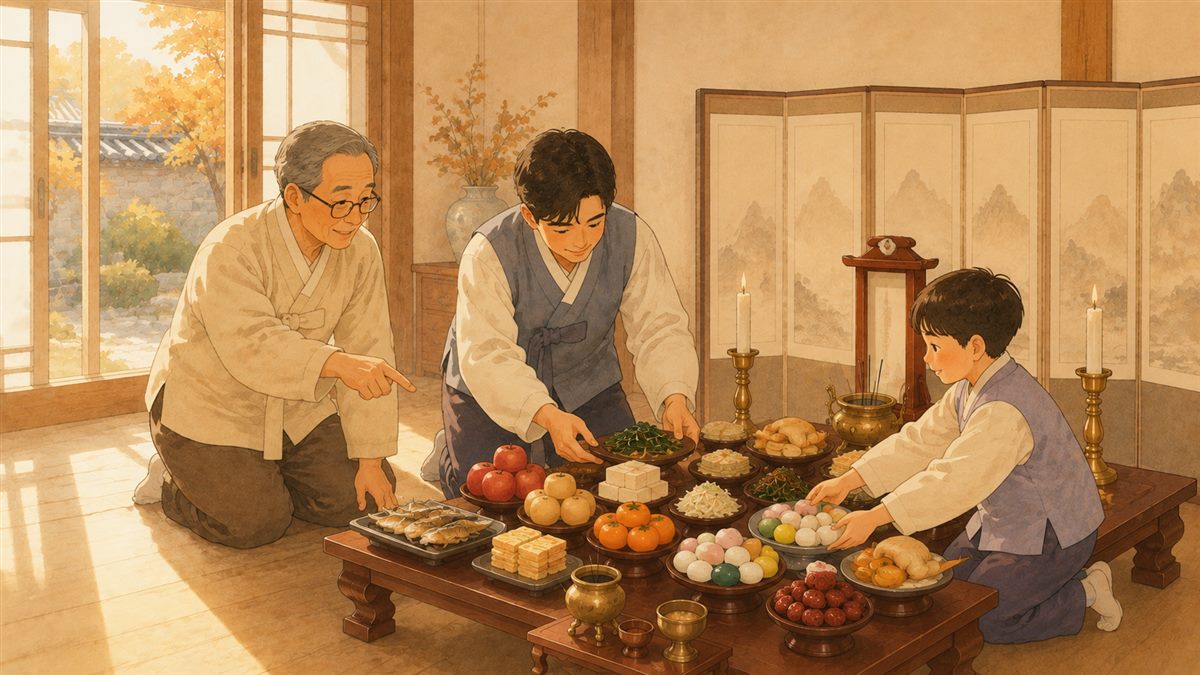 할아버지가 차례상 접시 위치를 알려주고 아들과 손주가 함께 진설하는 모습 일러스트