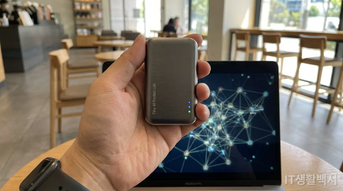 주머니 속 AI 슈퍼컴퓨터인 Tiny AI Pocket Lab을 들고 있는 한국인