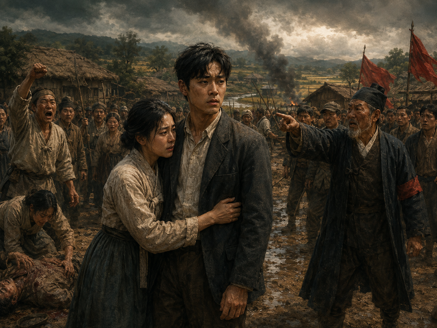 카인의 후예 요약: 붉은 깃발을 든 마을 주민들과 삿대질하는 도섭 영감의 비난 속에서, 청년 박훈을 지키고자 불안하게 꼭 안고 있는 오작녀의 모습을 통해 해방 직후 북한 토지개혁의 이념적 폭력과 인간성의 비극을 표현한 일러스트