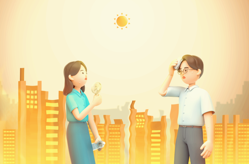 태양 아래 더워하는 남자 여자